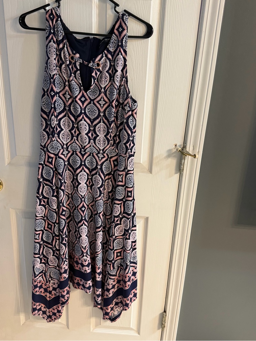 Ivanka Trump Navy and Light Pink Printed Midi Dress